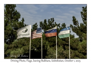 2025-10-01#2783 Driving Photo, Flags, leaving Bukhara, Uzbekistan