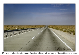 2025-10-01#2859 Driving Photo, Straight Road, Kyzylkum Desert, Bukhara to Khiva, Uzbekistan