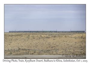 2025-10-01#2867 Driving Photo, Train, Kyzylkum Desert, Bukhara to Khiva, Uzbekistan